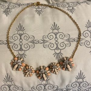 J Crew Statement necklace light gray, soft peach and rhinestone on gold tone